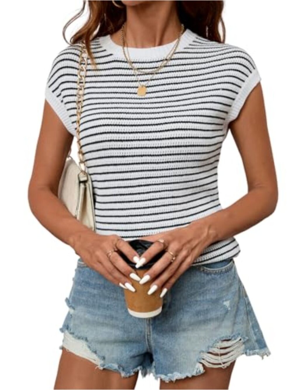 Cap Sleeve Knit Sweater Vest Crewneck Loose Fit Women's Fall Fashion Top